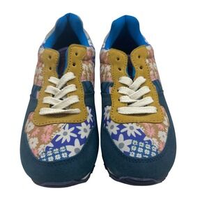 Inkkas Blue Floral Patchwork Suede Sneakers Womens Size 8 Low Top Lace Up Shoes